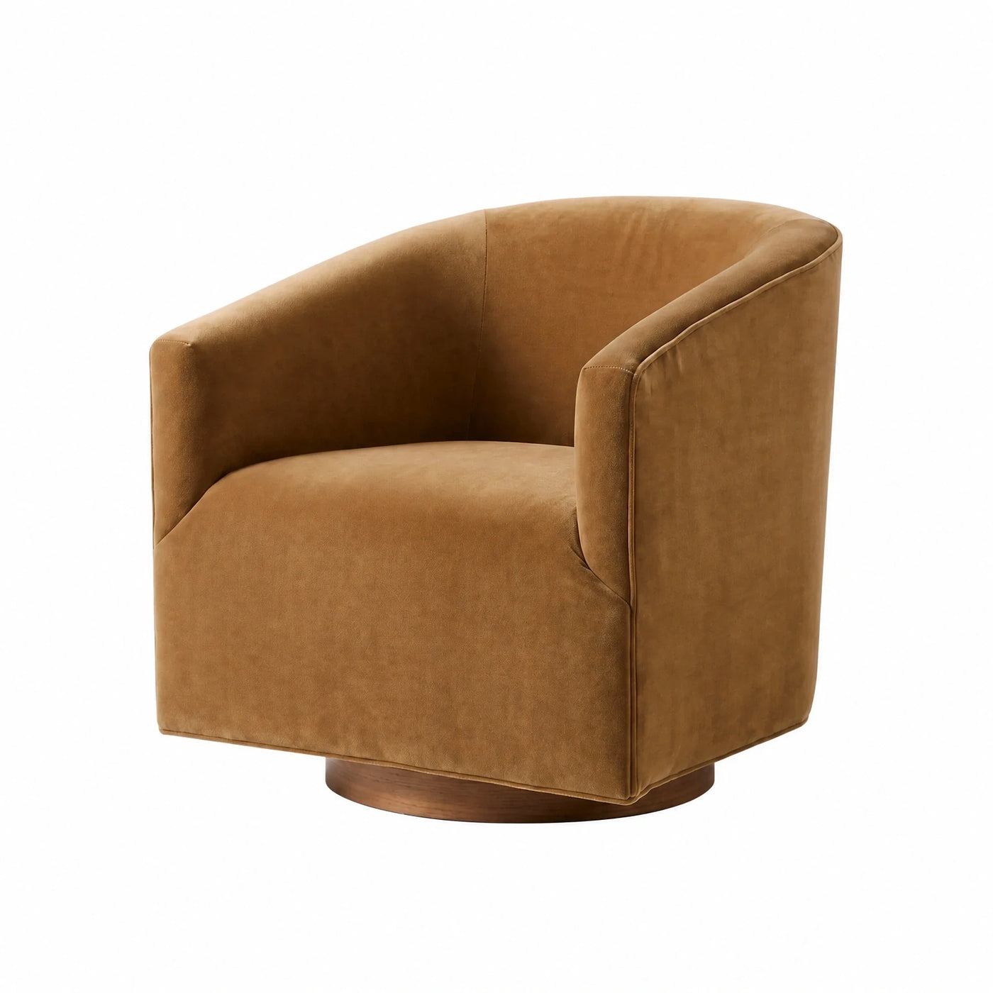 Brown Velvet Swivel Armchair with Wooden Base