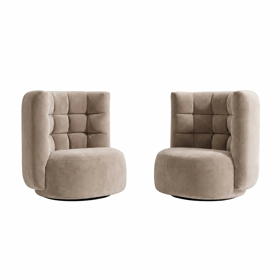 Beige Velvet Tufted Swivel Armchair