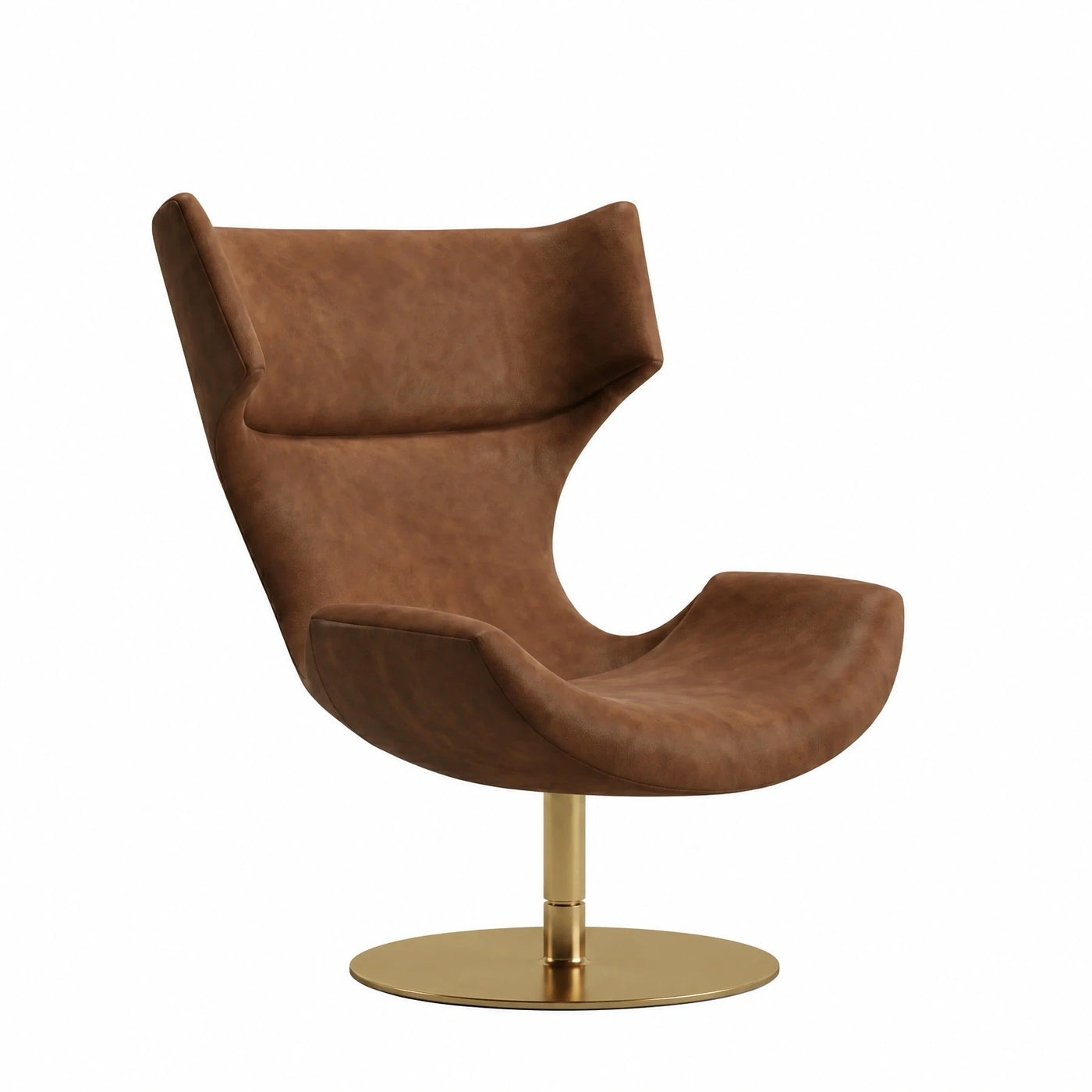 Brown Leather Swivel Lounge Chair with Gold Base