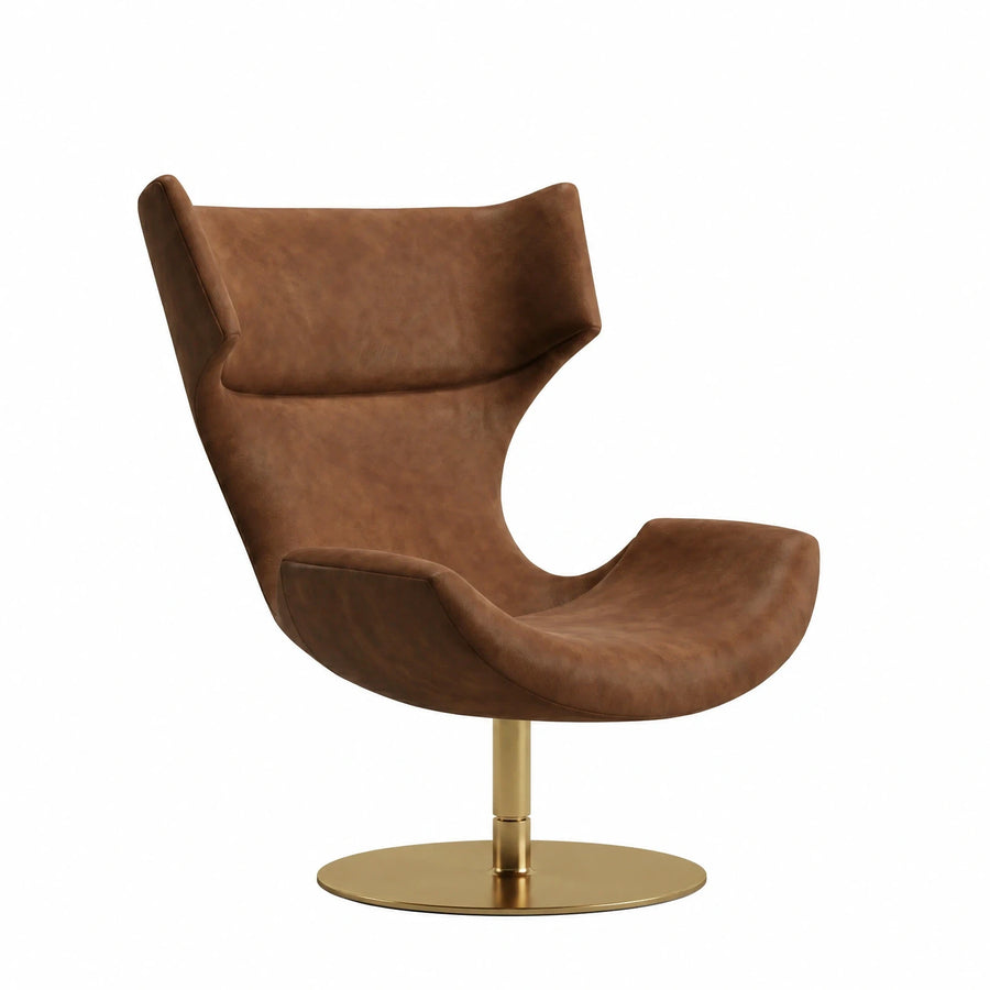Brown Leather Swivel Lounge Chair with Gold Base