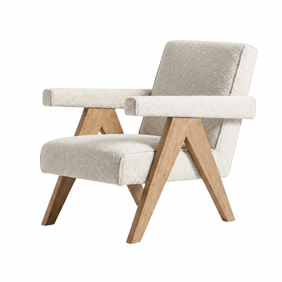 Cream Boucle Armchair with Wooden A-Frame Legs