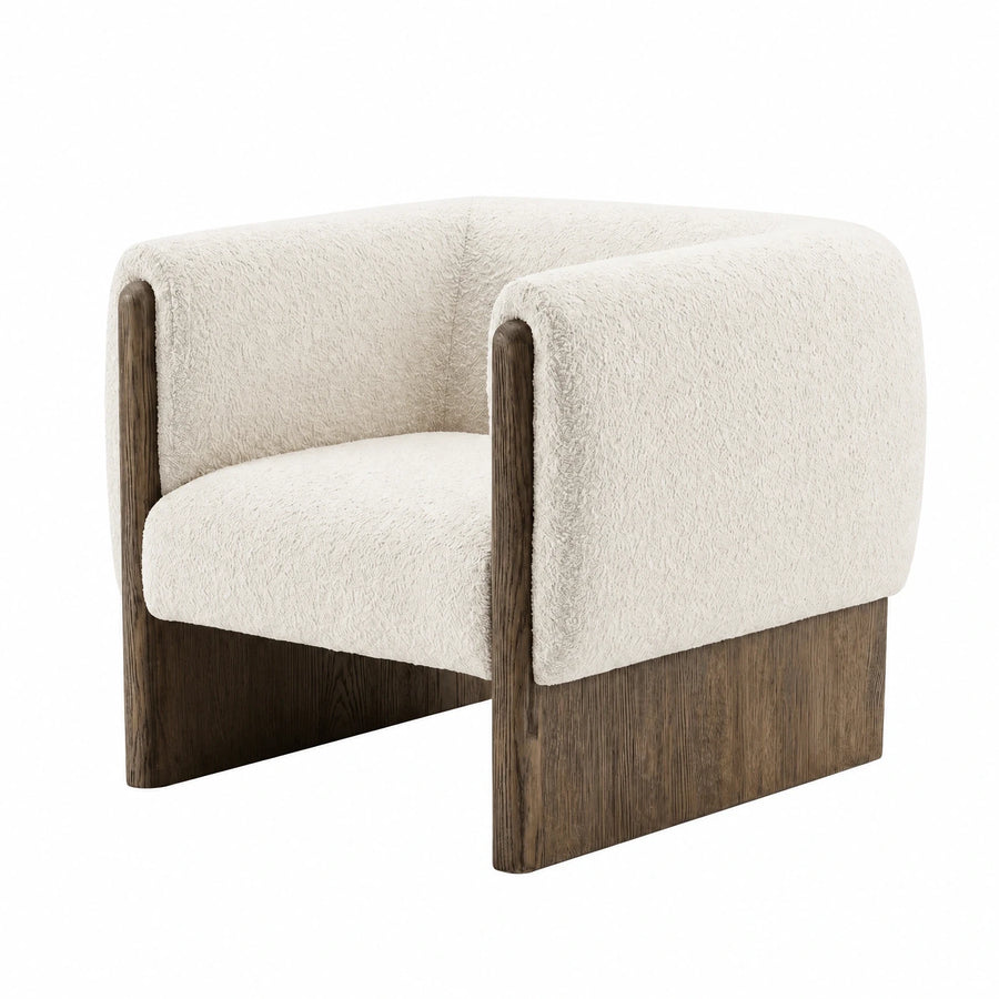 Cream Boucle Armchair with Dark Wood Frame