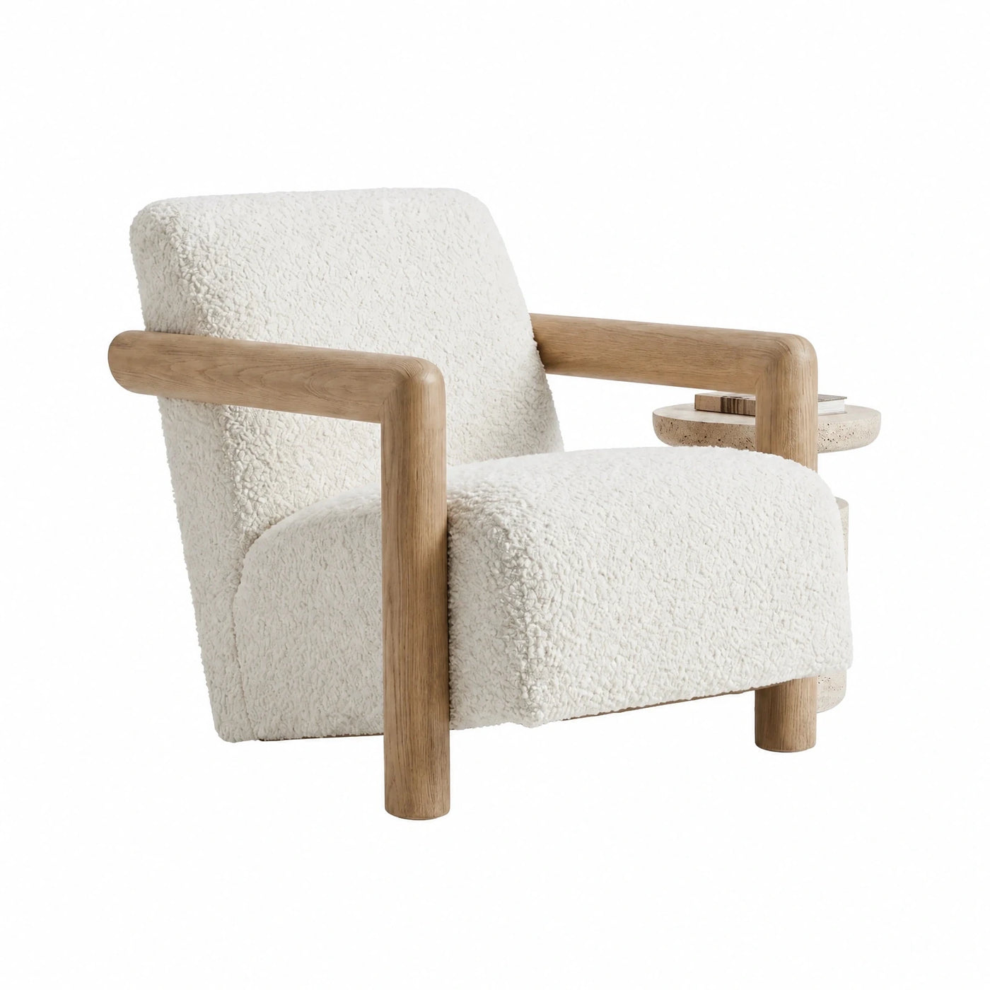 White Boucle Armchair with Wooden Frame