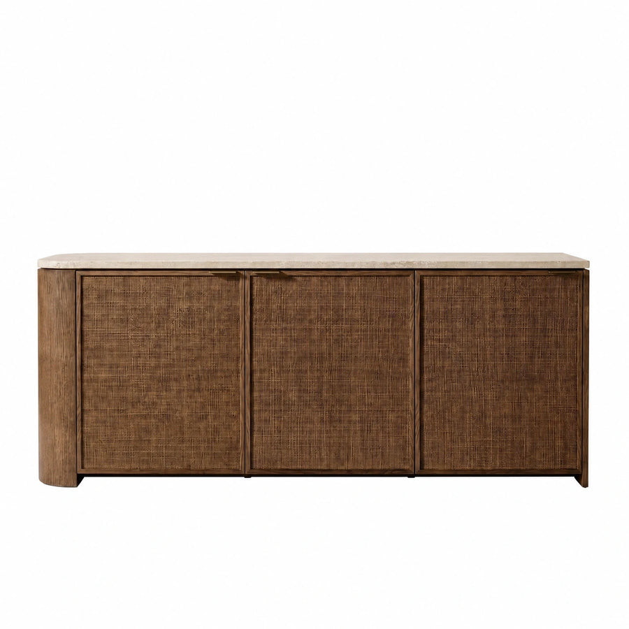 Wooden Sideboard with Rattan Doors and Stone Top