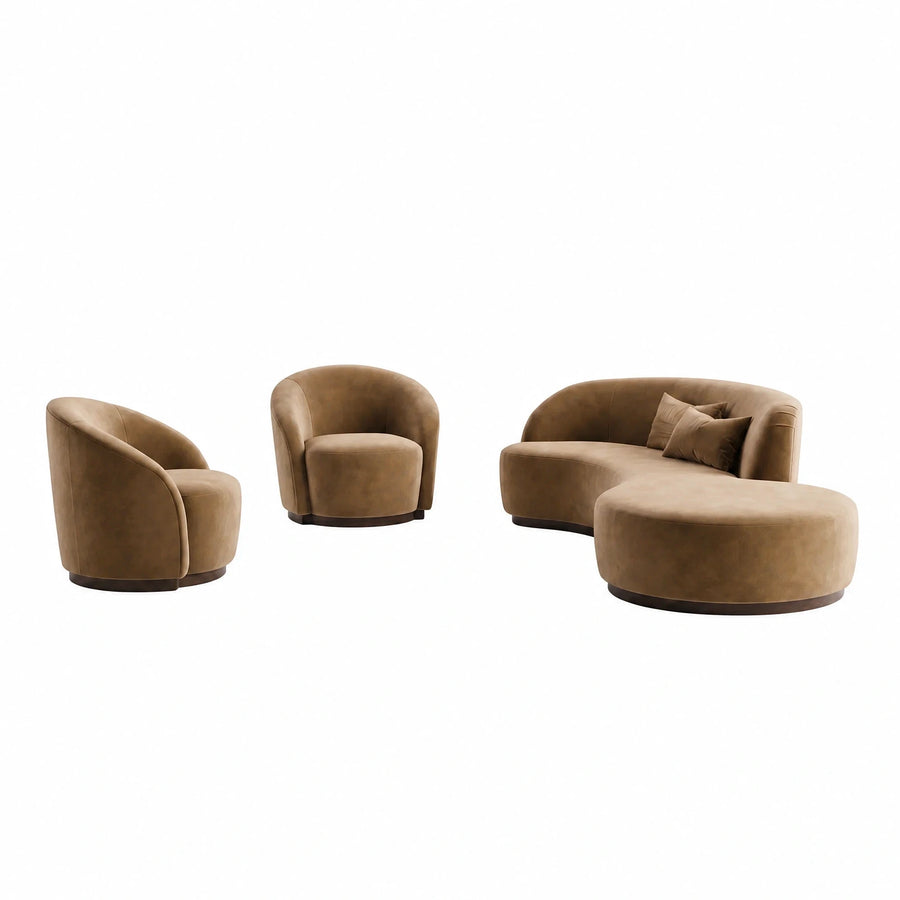 Curved Beige Fabric Sofa and Armchair Set