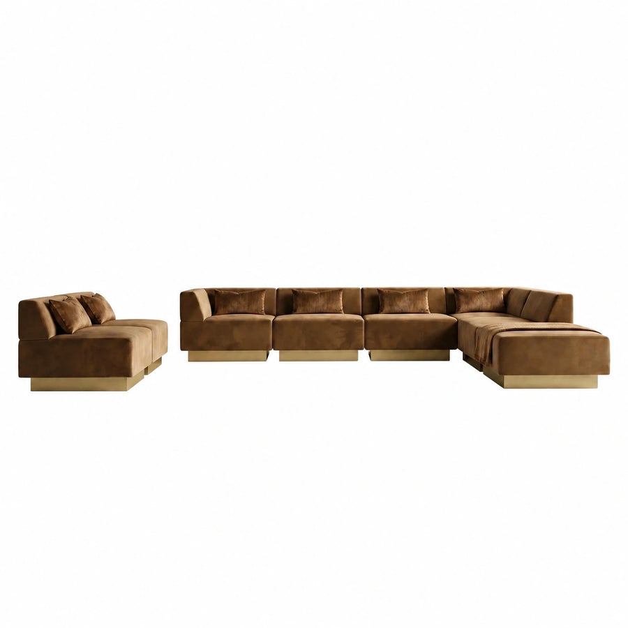 Modular Brown Fabric Sectional Sofa with Gold Base