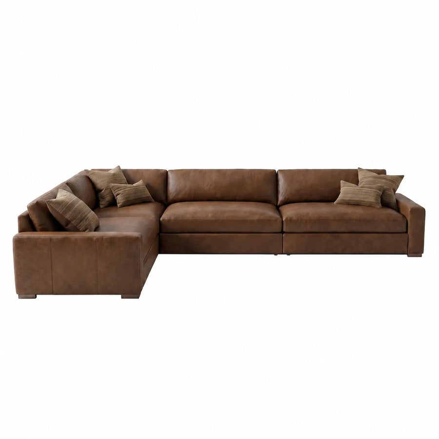 Brown Leather L-Shaped Sectional Sofa with Throw Pillows