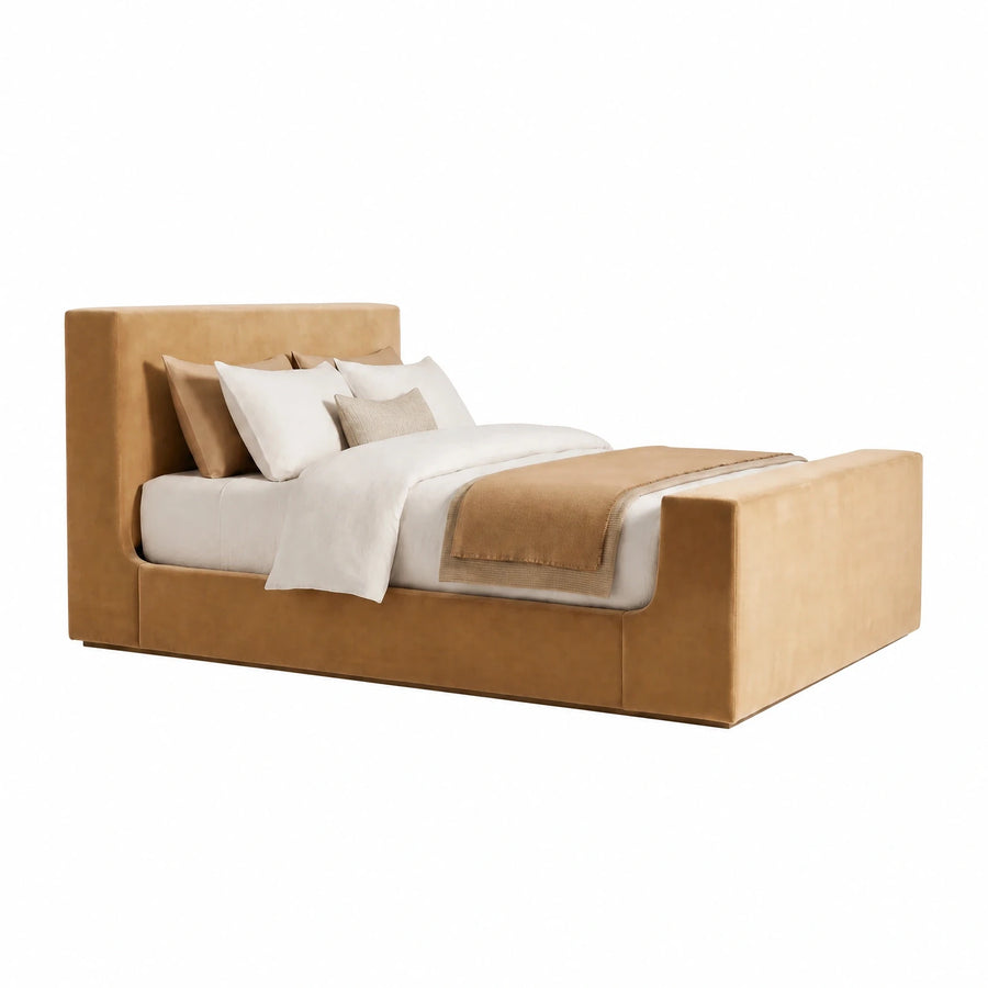 Tan Upholstered Platform Bed with High Headboard