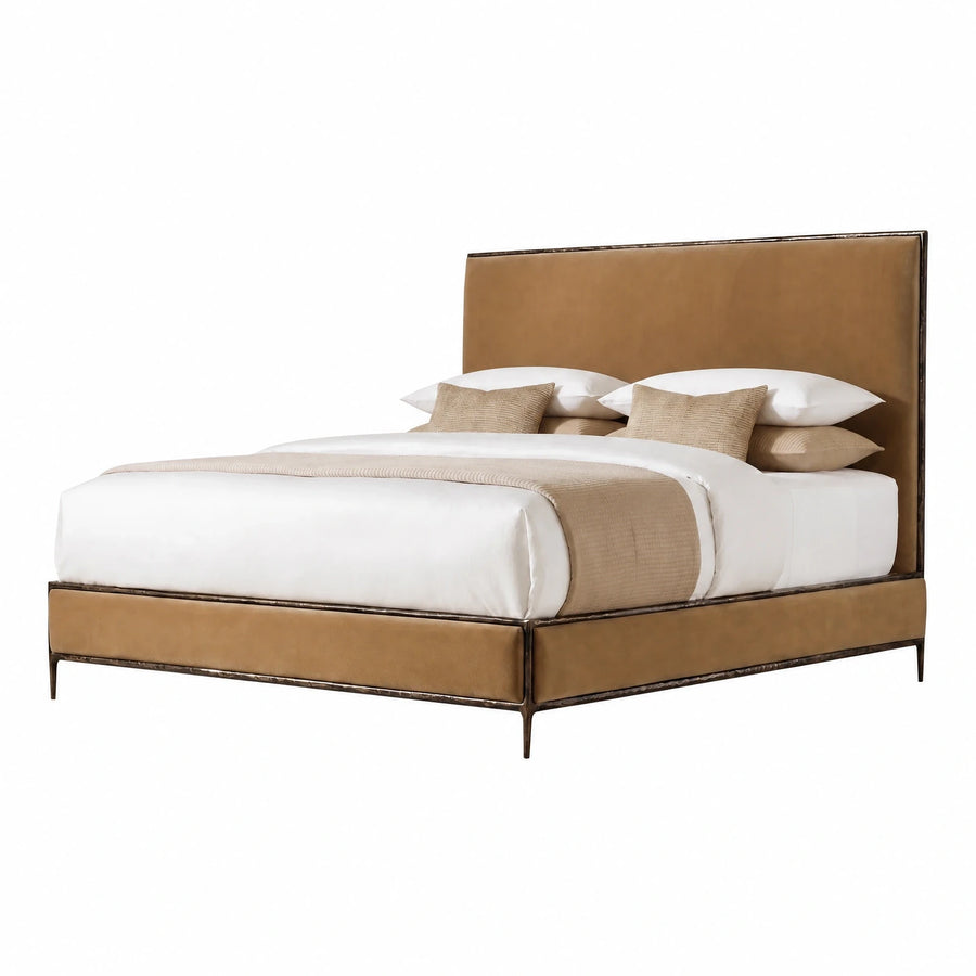 Tan Upholstered Platform Bed with Metal Frame
