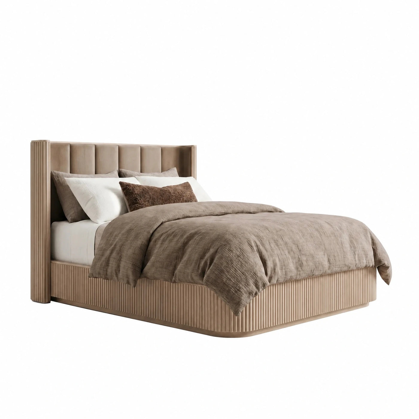Beige Fluted Upholstered Platform Bed