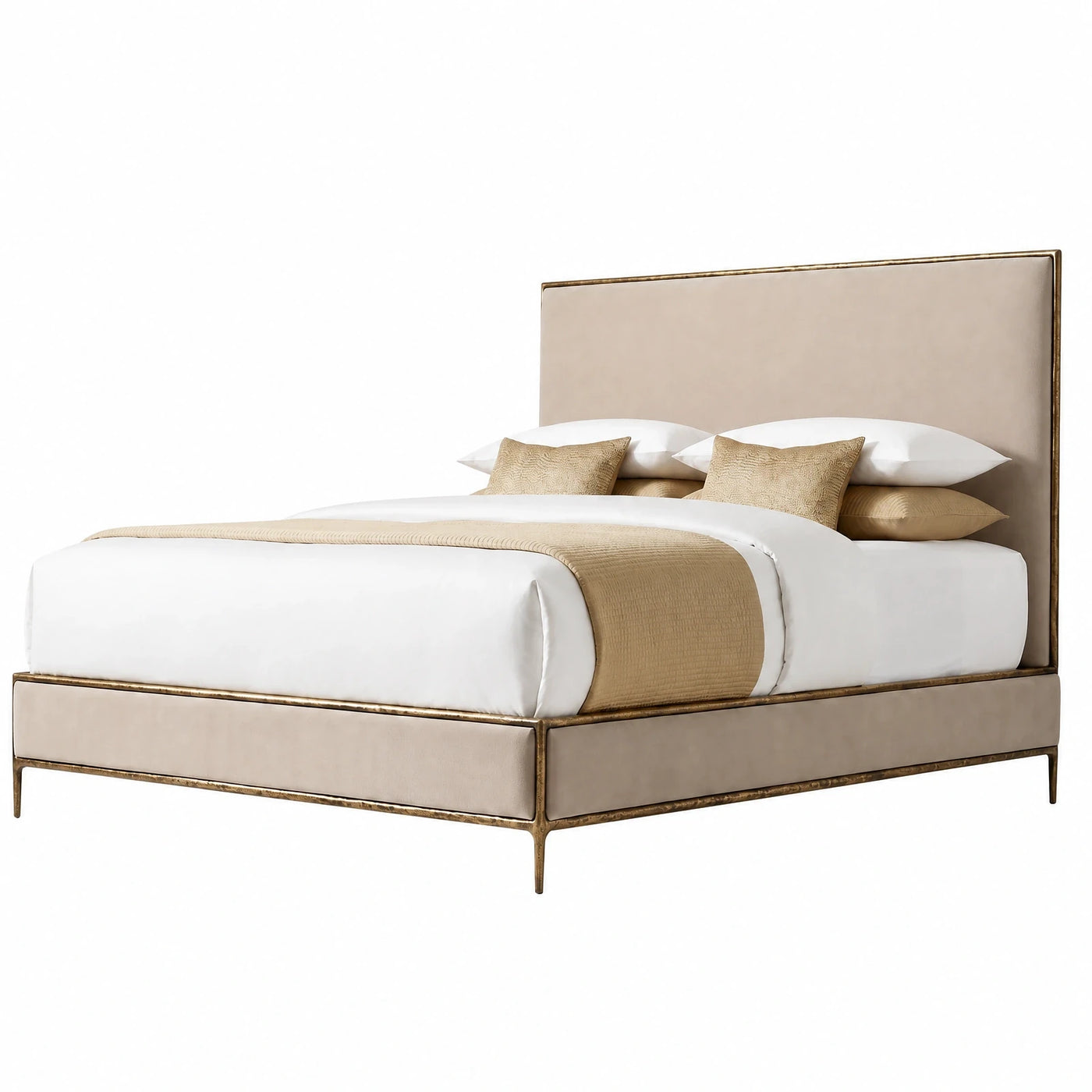 Beige Upholstered Platform Bed with Metal Frame
