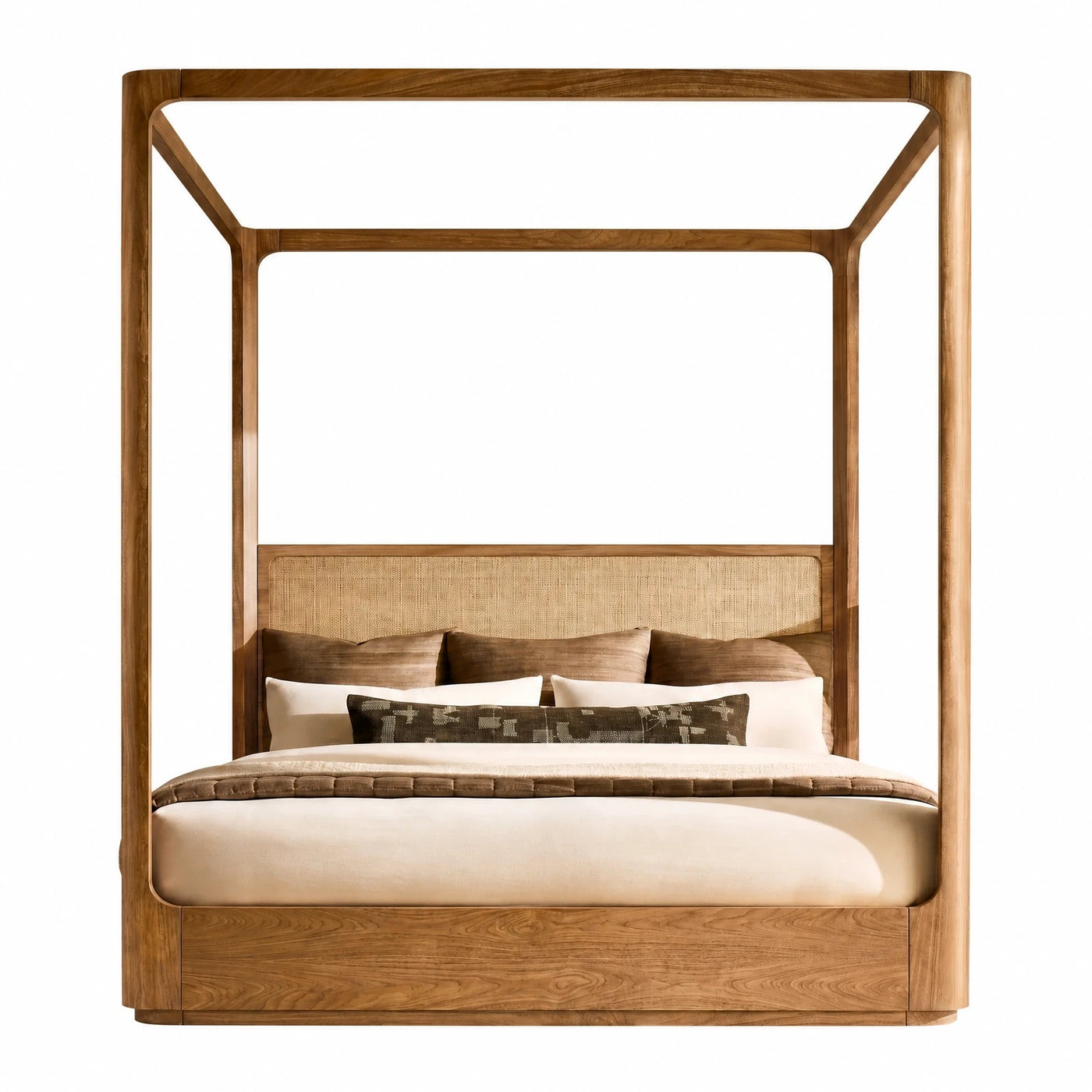 Wooden Canopy Bed with Woven Headboard
