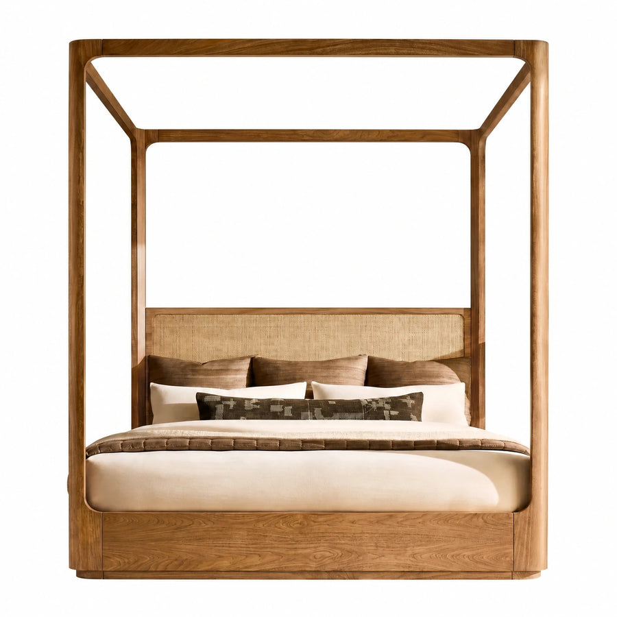 Wooden Canopy Bed with Woven Headboard