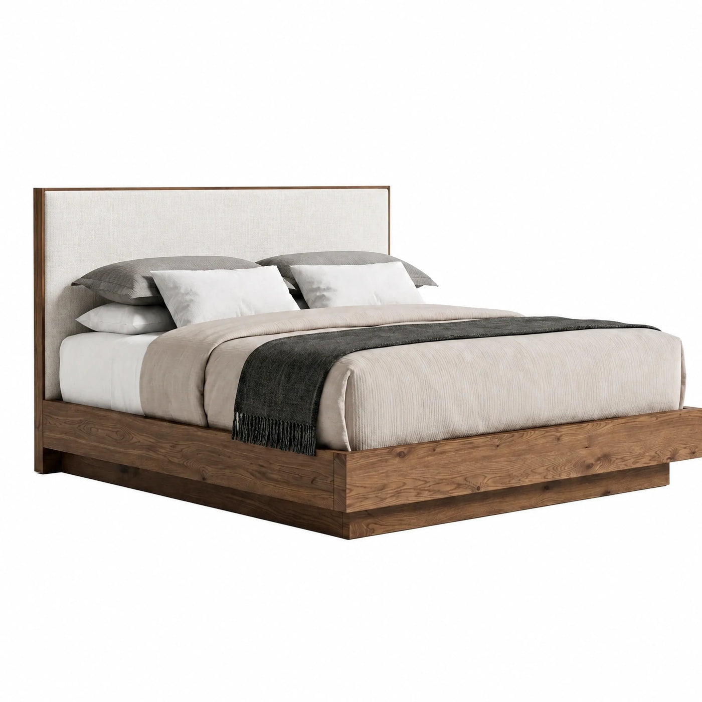 Walnut Wood Platform Bed with Upholstered Headboard