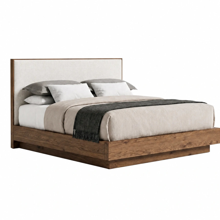 Walnut Wood Platform Bed with Upholstered Headboard