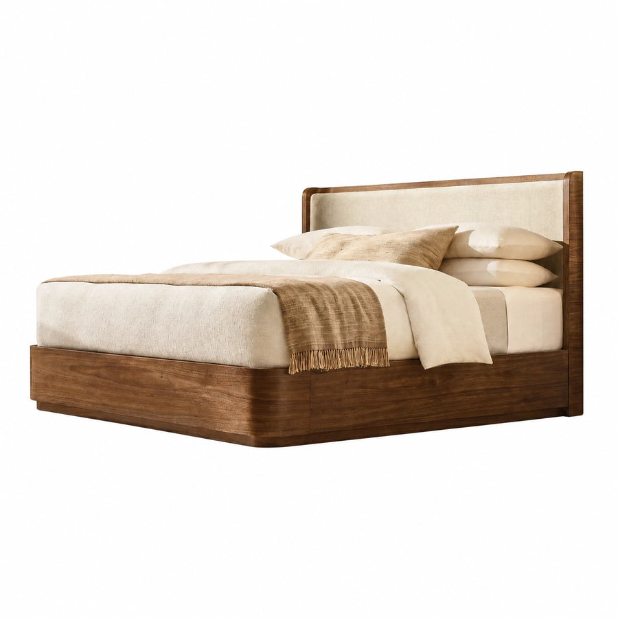 Walnut Wood Platform Bed with Upholstered Headboard