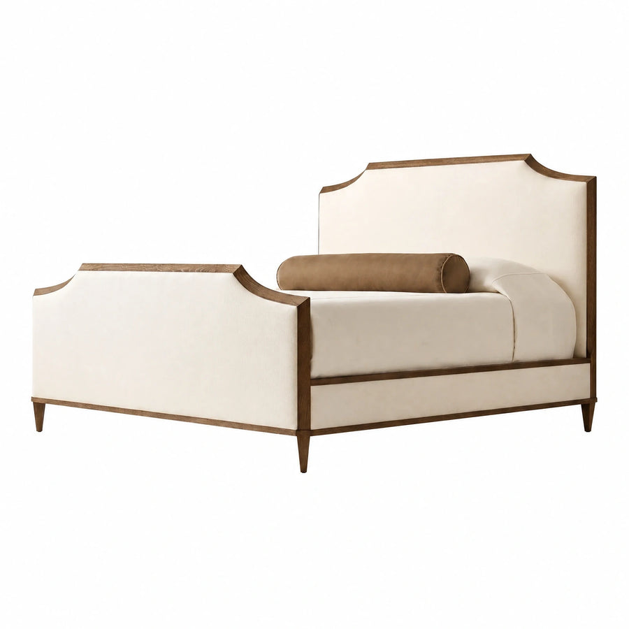 Cream Upholstered Bed with Wood Frame and Bolster Pillow
