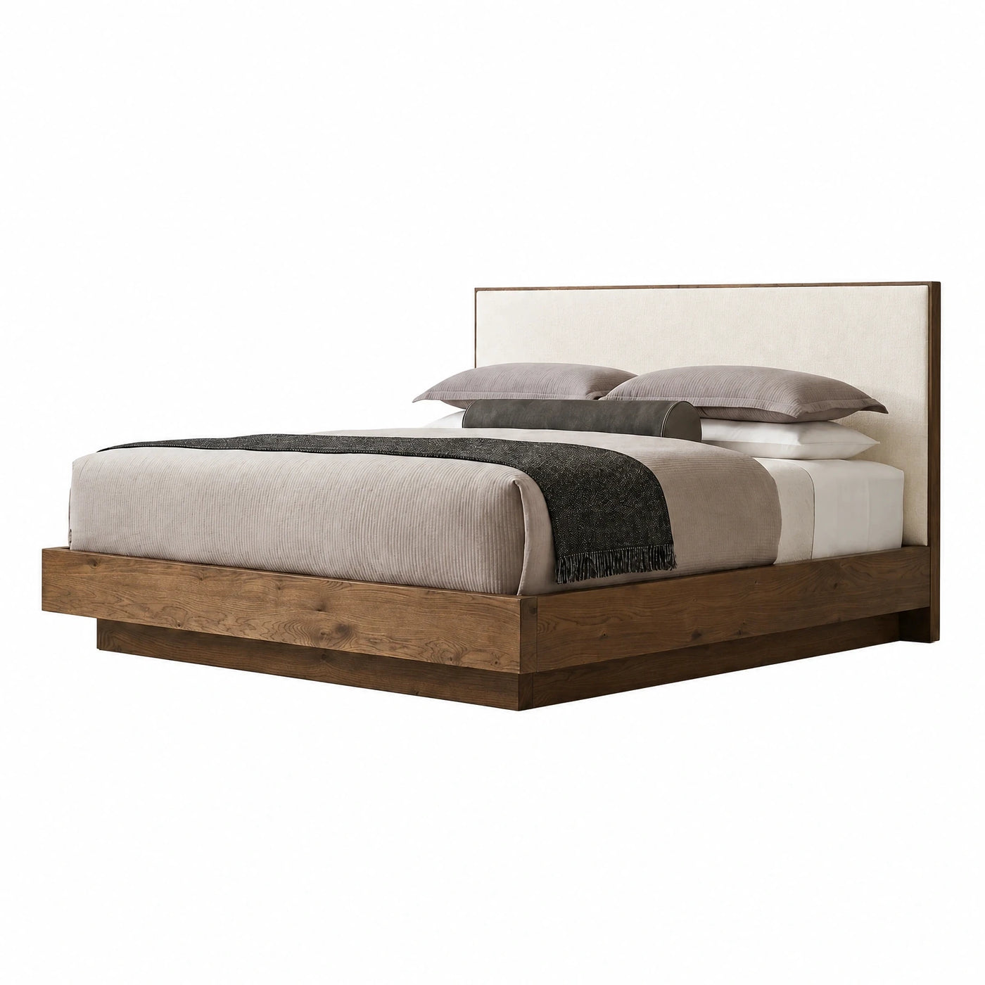 Modern Walnut Wood Platform Bed with Upholstered Headboard