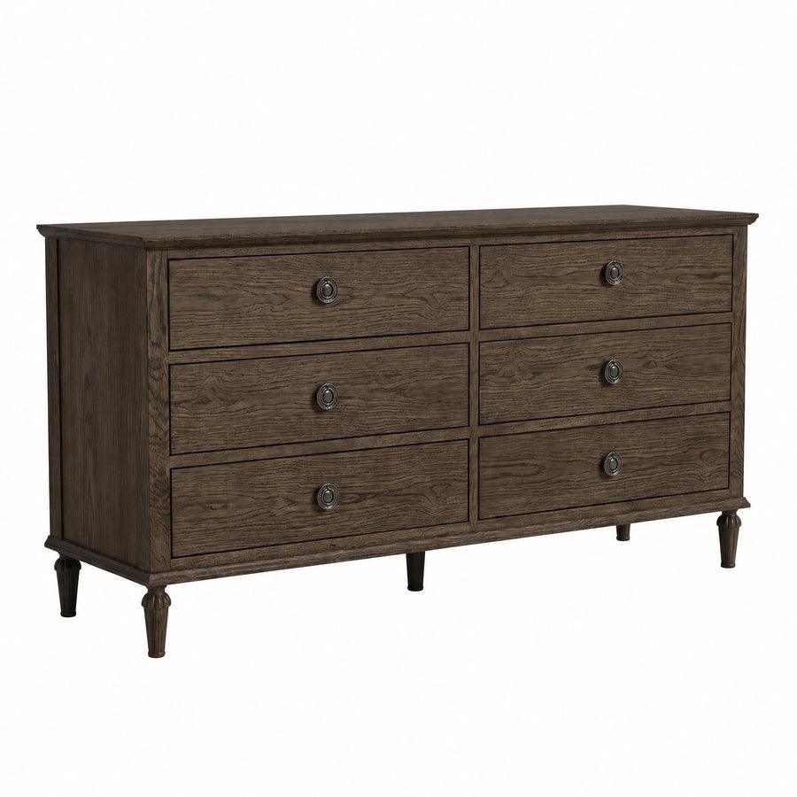 Dark Wood Six-Drawer Dresser with Turned Legs