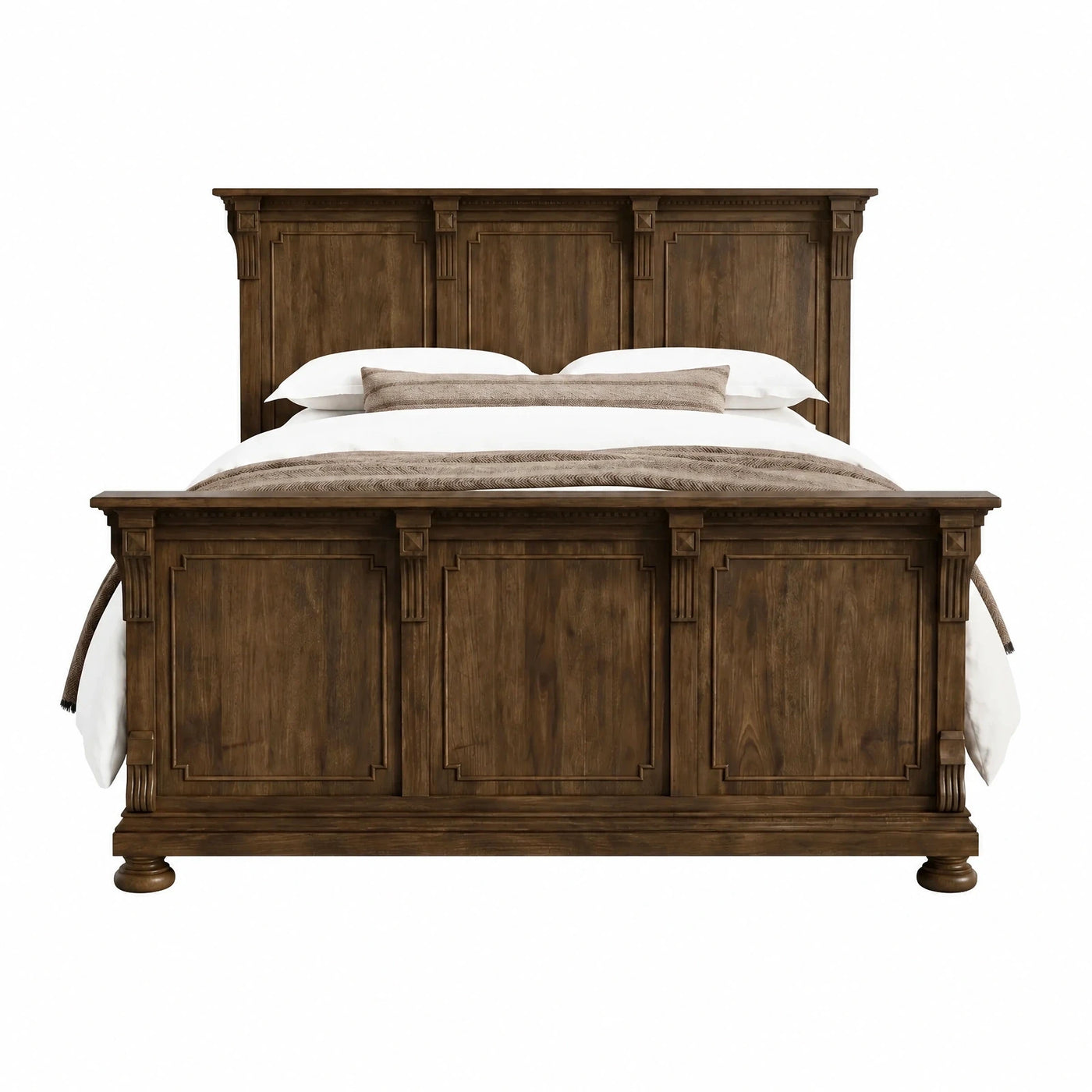 Dark Wood Panel Bed with Carved Details