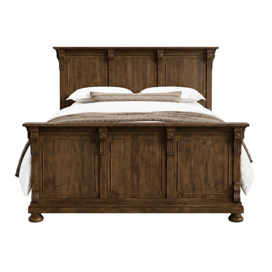 Dark Wood Panel Bed with Carved Details